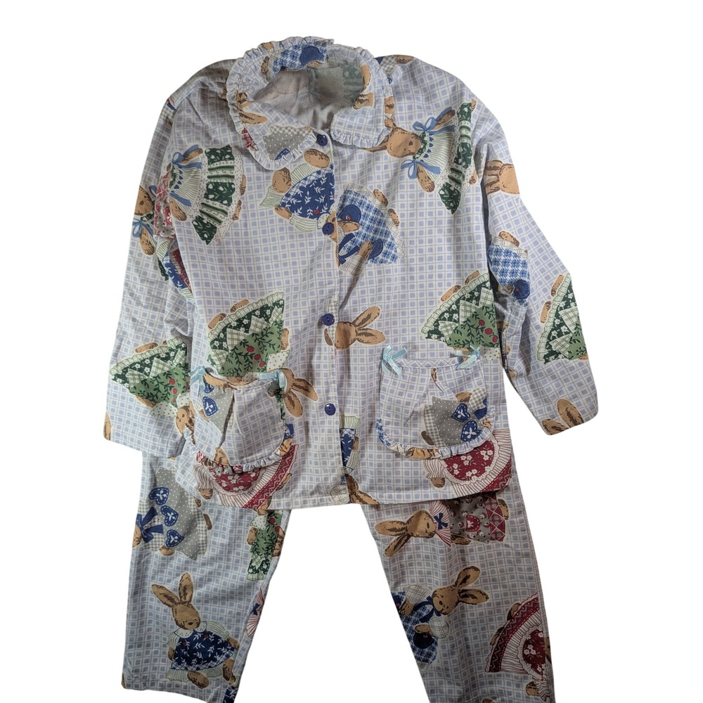 Vintage 90s Pajama Set Blue Grid Bunny Rabbit Print Ruffle Collar Sleepwear